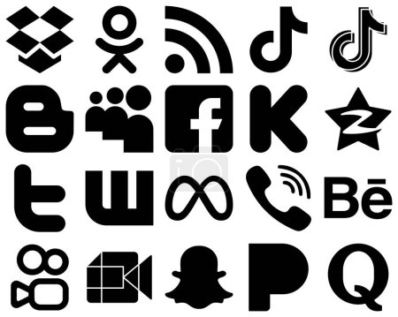 Téléchargez les illustrations : 20 Minimaliste Black Glyph Social Media Icônes telles que qzone. icônes kickstarter et facebook. Polyvalent et haut de gamme - en licence libre de droit