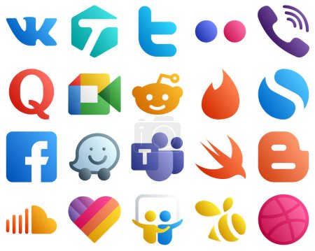 Illustration for 20 Simple Gradient Social Media Icons such as facebook. tinder. reddit and video icons. Modern and minimalist - Royalty Free Image