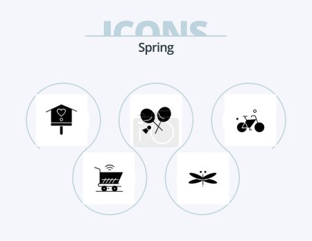 Ilustración de Spring Glyph Icon Pack 5 Icon Design. bicicleta. Deportes. primavera. raqueta. primavera - Imagen libre de derechos