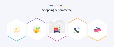 Téléchargez les illustrations : Shopping And Commerce 25 Flat icon pack including arrival. phone call. cargo. incoming call. truck - en licence libre de droit