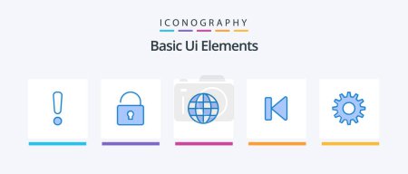 Illustration for Basic Ui Elements Blue 5 Icon Pack Including gear. start. globe. media. beginning. Creative Icons Design - Royalty Free Image