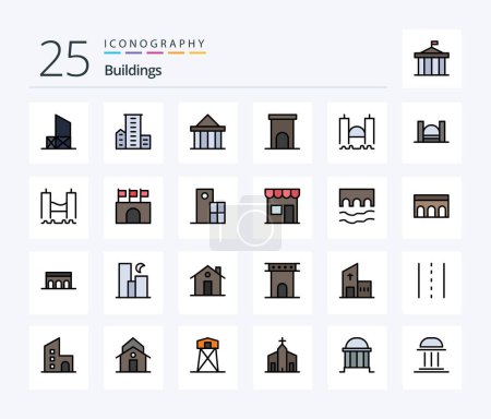 Téléchargez les illustrations : Buildings 25 Line Filled icon pack including house. architecture. housing. greece. columns - en licence libre de droit