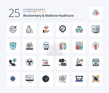 Illustration for Biochemistry And Medicine Healthcare 25 Line Filled icon pack including biological. search. medical. medical. bacteria - Royalty Free Image
