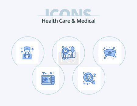 Téléchargez les illustrations : Soins de santé et médical Icône bleue Pack 5 Icône Design. . médical. Docteur. Bouchon. jauge bp - en licence libre de droit
