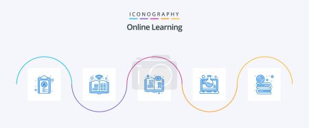 Illustration for Online Learning Blue 5 Icon Pack Including disc. laptop. book. online science education. lab test - Royalty Free Image