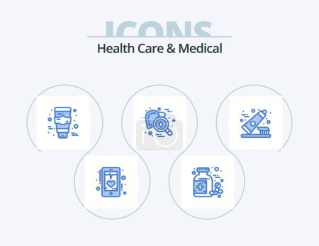 Téléchargez les illustrations : Soins de santé et médical Icône bleue Pack 5 Icône Design. dentifrice. tests. comprimé. organe. bilan de santé - en licence libre de droit