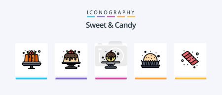 Téléchargez les illustrations : Doux et bonbons ligne rempli pack de 5 icônes y compris le gâteau. Gentil. la nourriture. Des bonbons. beignet. Icônes créatives Design - en licence libre de droit