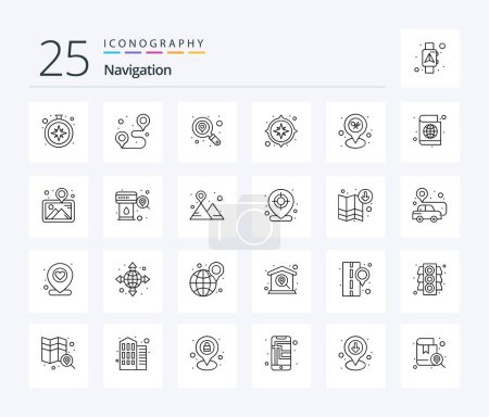 Téléchargez les illustrations : Navigation 25 Line icon pack including map. location. sign. navigation. compass - en licence libre de droit