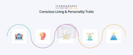 Téléchargez les illustrations : Concious Living And Personality Traits Pack plat de 5 icônes incluant la méditation. équilibre. la vie. Ecoutez. entendre - en licence libre de droit