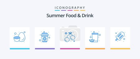 Téléchargez les illustrations : Summer Food and Drink Blue Pack de 5 icônes comprenant de la crème glacée. Du jus. l'été. fruits. Gentil. Icônes créatives Design - en licence libre de droit