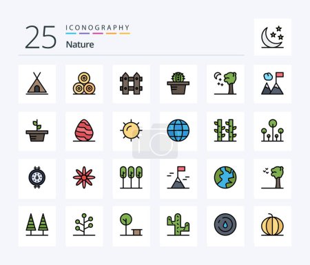 Téléchargez les illustrations : Nature 25 Line Pack d'icônes rempli incluant les affaires. la nature. fleur. arbor. cactus - en licence libre de droit