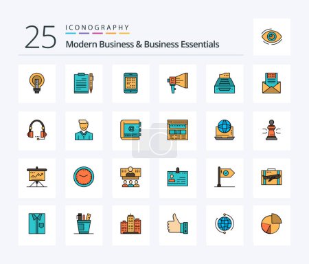 Téléchargez les illustrations : Modern Business And Business Essentials Pack d'icônes rempli de 25 lignes, y compris numérique. ordinateur. les affaires. téléphone. planification - en licence libre de droit