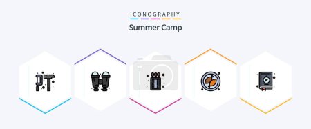 Téléchargez les illustrations : Camp d'été 25 FilledLine icône pack y compris camping. livre. camper. boussole. poissons - en licence libre de droit