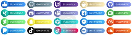 Illustration for Follow me Social Network Platform Card Style icons 20 pack such as facebook and xing icons. Editable and high resolution - Royalty Free Image