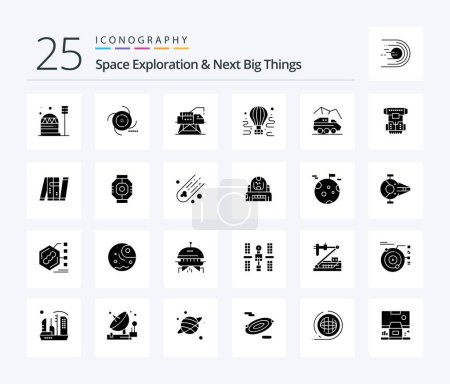 Ilustración de Exploración del espacio y cosas grandes siguientes 25 Paquete de iconos de glifos sólidos, incluidos los viajes. lanzamiento desde el aire. galaxia. aire. laboratorio - Imagen libre de derechos