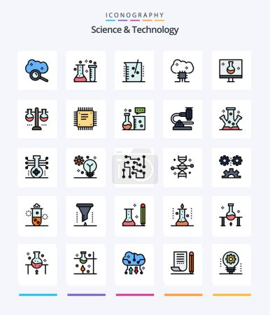 Téléchargez les illustrations : Creative Science And Technology 25 Line FIlled icon pack  Such As eco testing. biology. chemical lab. cloud software. cloud networking - en licence libre de droit