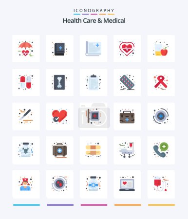 Téléchargez les illustrations : Soins de santé créatifs et médical 25 Pack icône plat tels que la pomme. Pouls. soins de santé. coeur. médical - en licence libre de droit