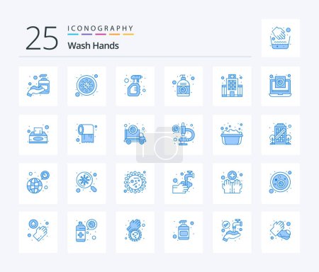 Téléchargez les illustrations : Pack icône Lavez-vous les mains 25 Blue Color comprenant un désinfectant pour les mains. corona. nettoyage. crème. virus - en licence libre de droit