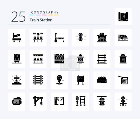Téléchargez les illustrations : Train Station 25 Solid Glyph icône pack avec billet. bâtiment. train. le transport. trafic - en licence libre de droit