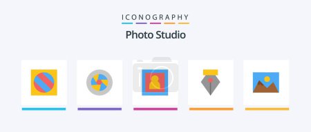 Ilustración de Estudio fotográfico Flat 5 Icon Pack Incluyendo foto. foto. foto. Pluma. Retrato. Diseño de iconos creativos - Imagen libre de derechos