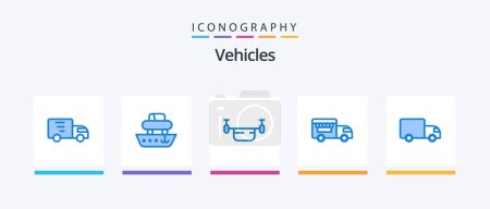 Ilustración de Vehículos Blue 5 Icon Pack Incluyendo la entrega. tienda sobre ruedas. nave. helado. transporte. Diseño de iconos creativos - Imagen libre de derechos