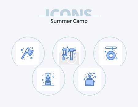 Téléchargez les illustrations : Camp d'été Icône bleue Pack 5 Icône Design. bateau. l'équipement. La hache. ingénieur. camping - en licence libre de droit