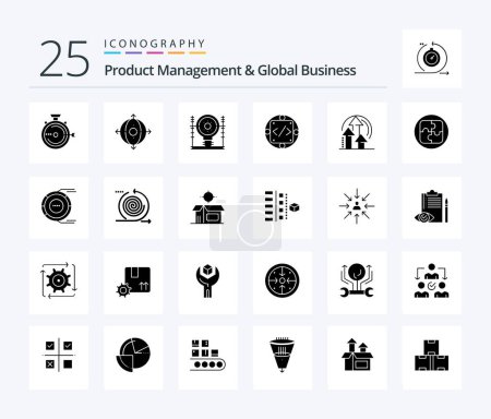 Téléchargez les illustrations : Product Managment And Global Business 25 Solid Glyph icon pack including management. custom. product. code. generation - en licence libre de droit