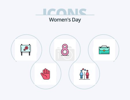 Téléchargez les illustrations : Womens Day Line Filled Icon Pack 5 Icon Design. awareness. day. woman. organization. ribbon - en licence libre de droit