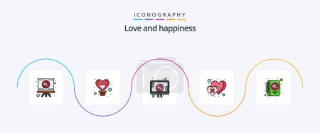 Illustration for Love Line Filled Flat 5 Icon Pack Including diary. love. flight. heart. screen heart - Royalty Free Image