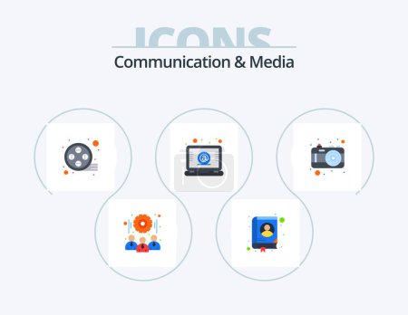 Ilustración de Comunicación y medios de comunicación Flat Icon Pack 5 Icon Design. vacaciones. cámara. Película. Correo. portátil - Imagen libre de derechos