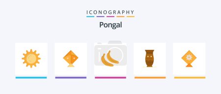 Téléchargez les illustrations : Pack d'icônes Pongal Flat 5 inclus. Cerf-volant. fruits. poterie. Inde. Icônes créatives Design - en licence libre de droit