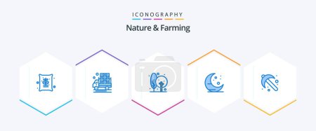 Illustration for Nature And Farming 25 Blue icon pack including gardening. night. agriculture. moon. plant - Royalty Free Image