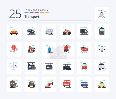 Téléchargez les illustrations : Transport 25 Flat Color icon pack including hot. air. van. transportation. train - en licence libre de droit
