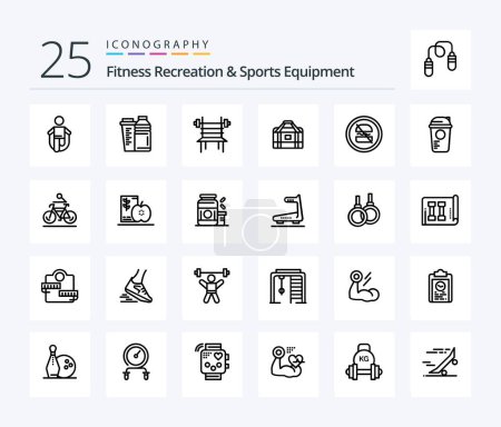 Illustration for Fitness Recreation And Sports Equipment 25 Line icon pack including gym. bag. shaker. machine. fitness - Royalty Free Image