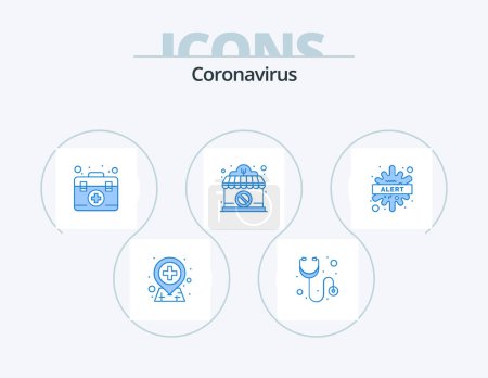 Téléchargez les illustrations : Coronavirus Blue Icon Pack 5 Icon Design. disease. warning. box. alert. sign - en licence libre de droit