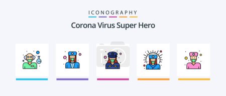 Ilustración de Corona Virus Super Hero Line Llenado 5 paquete de iconos incluyendo avatar. Médico. Cuidado. Enfermera. Hombre. Diseño de iconos creativos - Imagen libre de derechos