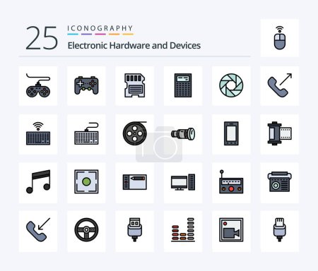 Téléchargez les illustrations : Devices 25 Line Filled icon pack including incoming. photo. calculate. focus. aperture - en licence libre de droit