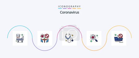 Téléchargez les illustrations : Coronavirus Line Filled Flat Pack de 5 icônes incluant la croisière. scanner. soins de santé. germes. bactéries - en licence libre de droit