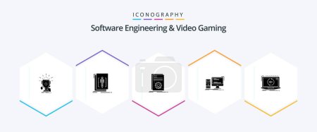Illustration for Software Engineering And Video Gaming 25 Glyph icon pack including gaming. computer. language. script. file - Royalty Free Image