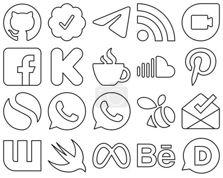 Illustration for 20 Simple Black Line Social Media Icons such as sound. facebook. streaming and funding icons. Fully customizable and professional - Royalty Free Image