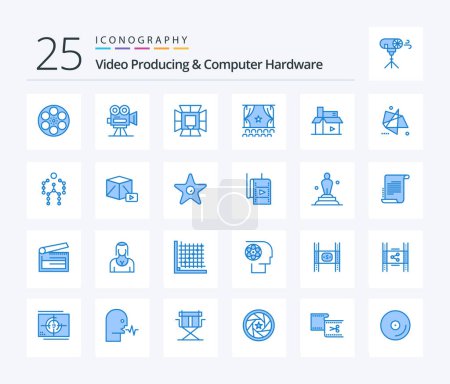 Illustration for Video Producing And Computer Hardware 25 Blue Color icon pack including film. cinema. movie. softbox. lighting - Royalty Free Image