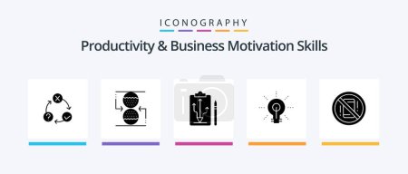 Téléchargez les illustrations : Productivity And Business Motivation Skills Glyph 5 Icon Pack Including insight. glow. sandclock. bulb. tactics. Creative Icons Design - en licence libre de droit