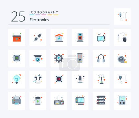 Téléchargez les illustrations : Pack d'icônes Electronics 25 Flat Color incluant ordinateur. tv. La maison. la télévision. orateur - en licence libre de droit