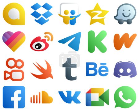 Illustration for 20 Simple Gradient Social Media Icons such as wattpad. kickstarter. weibo and telegram icons. Versatile and high quality - Royalty Free Image