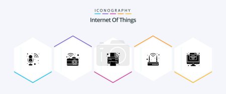 Illustration for Internet Of Things 25 Glyph icon pack including internet. router. signal. modem. printing machine - Royalty Free Image