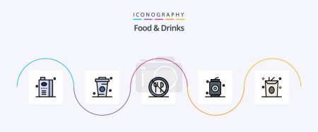 Téléchargez les illustrations : Aliments et boissons Ligne rempli plat Pack de 5 icônes Y compris la nourriture. peut. à boire. Une bière. interdit - en licence libre de droit