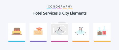 Téléchargez les illustrations : Hotel Services And City Elements Flat 5 Icon Pack Including beverage. service. hanger. swimming. hotel. Creative Icons Design - en licence libre de droit