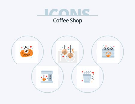 Téléchargez les illustrations : Coffee Shop Flat Icon Pack 5 Icon Design. coffee. calendar. shop. lights. decoration - en licence libre de droit