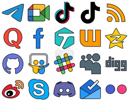 Illustration for 20 Modern Line Filled Social Media Icons such as facebook. video. question and feed Fully customizable and versatile - Royalty Free Image