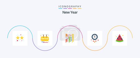 Téléchargez les illustrations : New Year Flat 5 Icon Pack Including food. time. celebration. new year. clock - en licence libre de droit